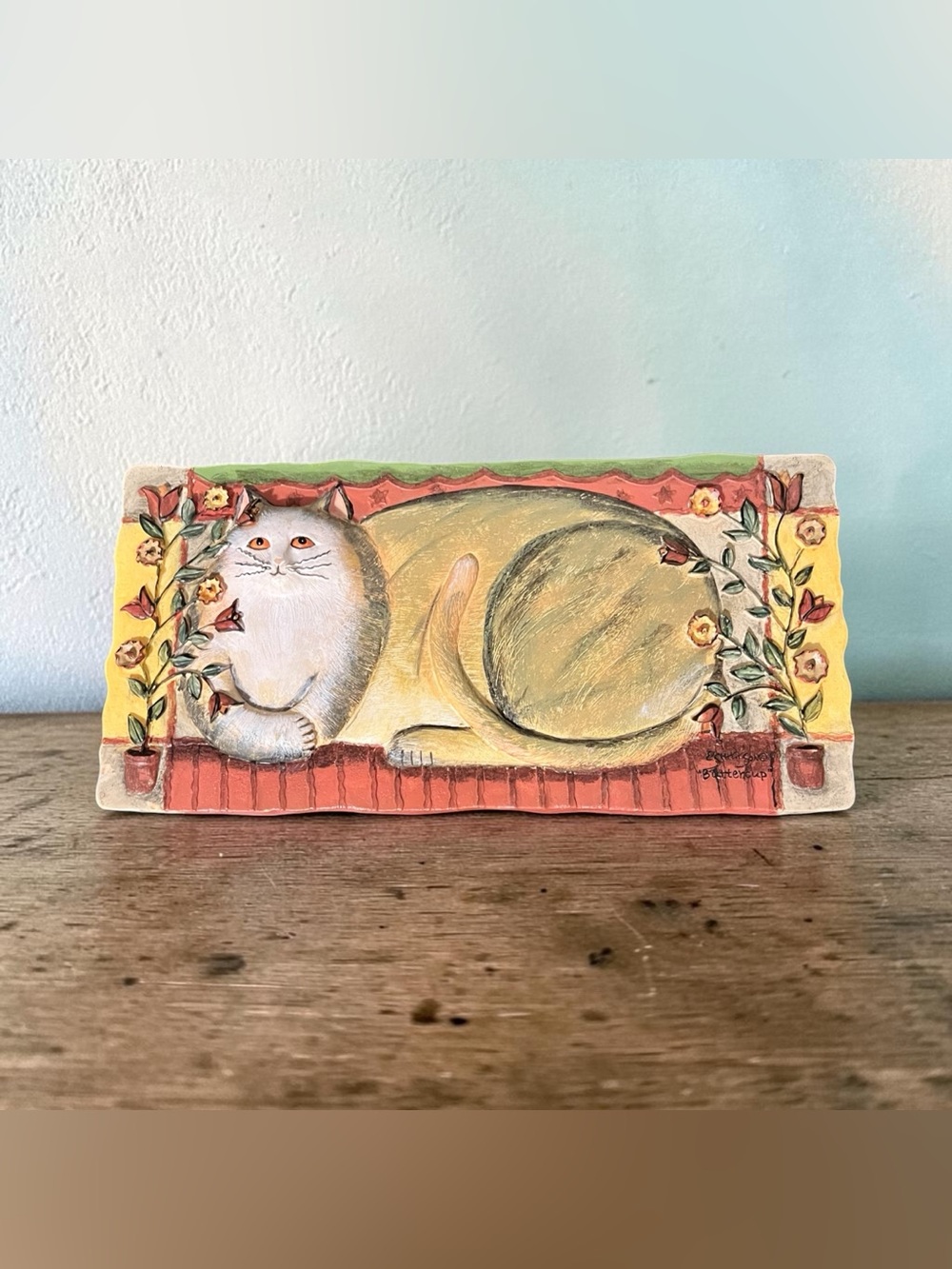 Hand-Painted Cat Wall Plaque - Yellow and Cream
